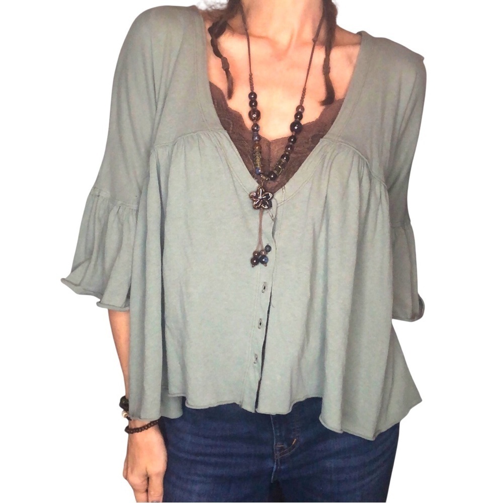 We The Free FP Cropped Boho Button Down Top Sz S Flowy Oversized Green Cotton